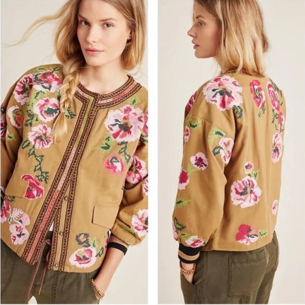 Anthropologie Maeve Needlepoint Bomber Jacket